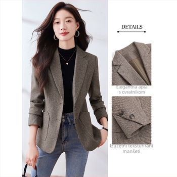 Žensko usko sako od odijela, retro stil, jednostavan uzorak, ovratnik od sakoa, jednostruko zatvaranje, poliester