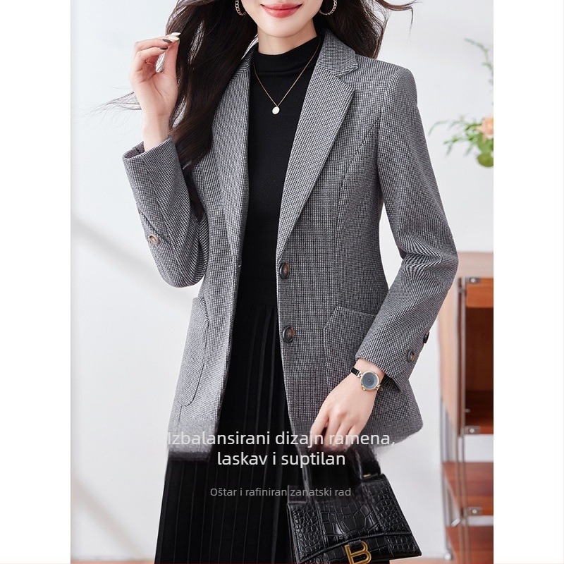 Žensko usko sako od odijela, retro stil, jednostavan uzorak, ovratnik od sakoa, jednostruko zatvaranje, poliester