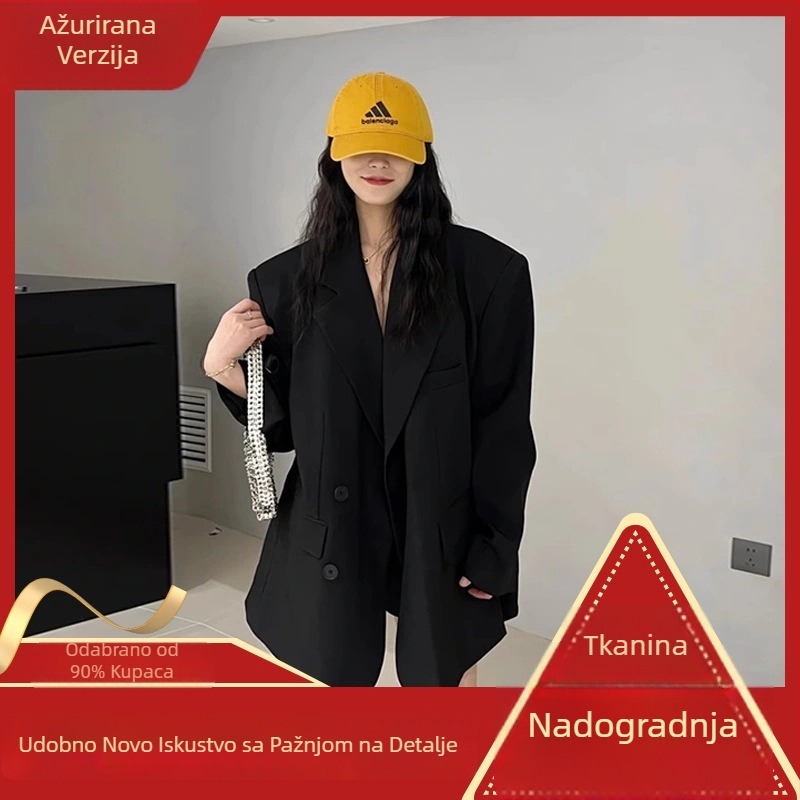 Ženski oversize blejzer s velikim ramenim jastučićima, srednja duljina, sakoi vrat, dvostruko kopčanje