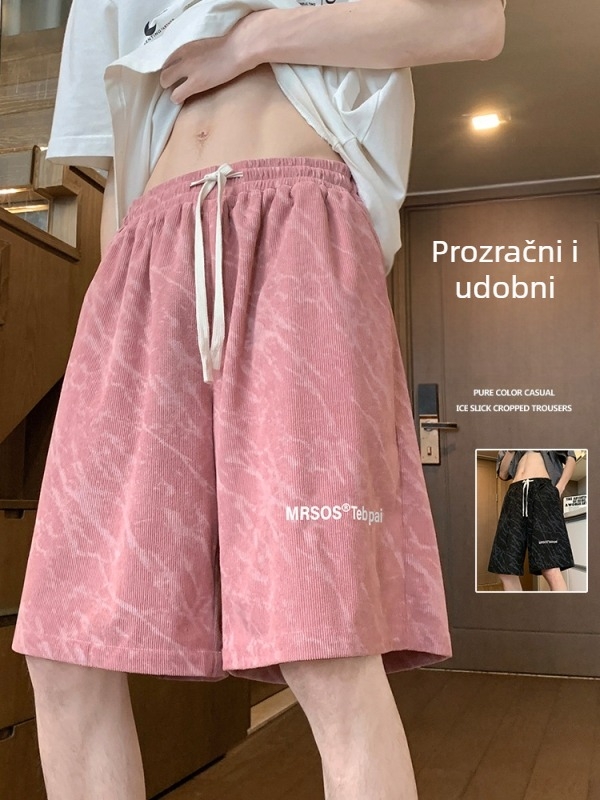 Muške casual kratke hlače do koljena, labav pojas, vezivanje na struku, poliester, veliki cvjetni uzorak