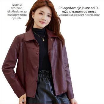 Ženska PU kožna jakna, uski kroj, motociklistički stil, standardna dužina, dugi rukavi, prednje kopčanje s kopčama