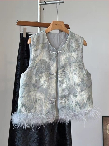 Vuneni bez rukava u kineskom stilu s V-izrezom, jednim gumbom, kašmir tkanina, vuneno punilo, jacquard patchwork