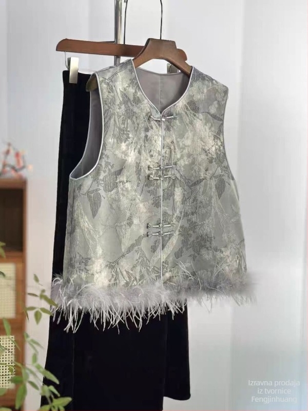 Vuneni bez rukava u kineskom stilu s V-izrezom, jednim gumbom, kašmir tkanina, vuneno punilo, jacquard patchwork