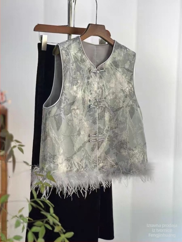 Vuneni bez rukava u kineskom stilu s V-izrezom, jednim gumbom, kašmir tkanina, vuneno punilo, jacquard patchwork