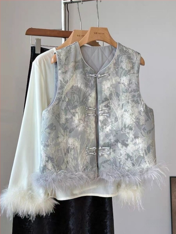 Vuneni bez rukava u kineskom stilu s V-izrezom, jednim gumbom, kašmir tkanina, vuneno punilo, jacquard patchwork