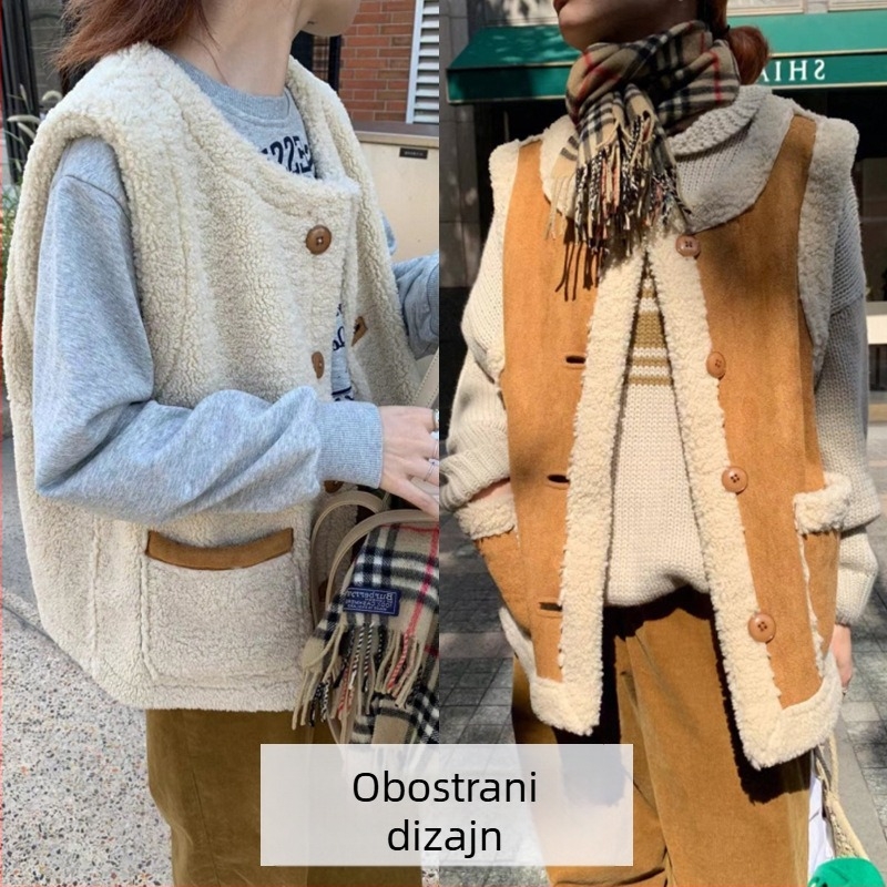 Vesta od ovčje vune s integriranom kožom, dvostrana, kratka linija, okrugli izrez, jednostruko kopčanje