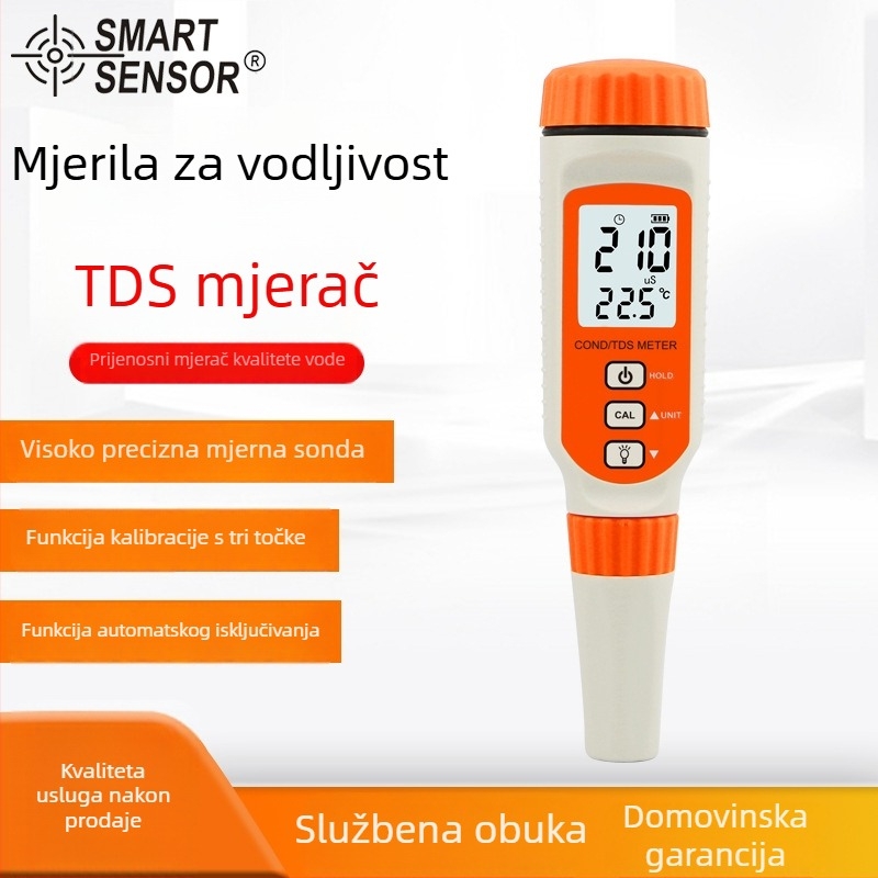 Pen-typ tester kvalitete vode – vodljivost i TDS, prijenosni AR8011 (raspon 0–19.99 mS / 0–199.99 ppm; točnost ±3% F.S ±1 digit; rezolucija 1 μS / 1 ppm / 0.1 °C; napajanje: 4x LR44)