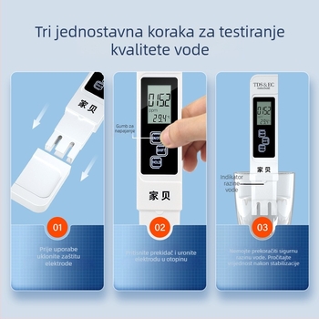 Brzi analizator kvalitete vode s TDS 0–9990 ppm, EC 0–9990 mS/cm, točnost ±2%, razlučivost 1 ppm