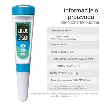 S6 Prijenosni analizator kvalitete vode | Mjerenje saliniteta | Rezolucija 1 ppm / 0,1 ppt | Točnost 2% F.S | Napajanje 6V