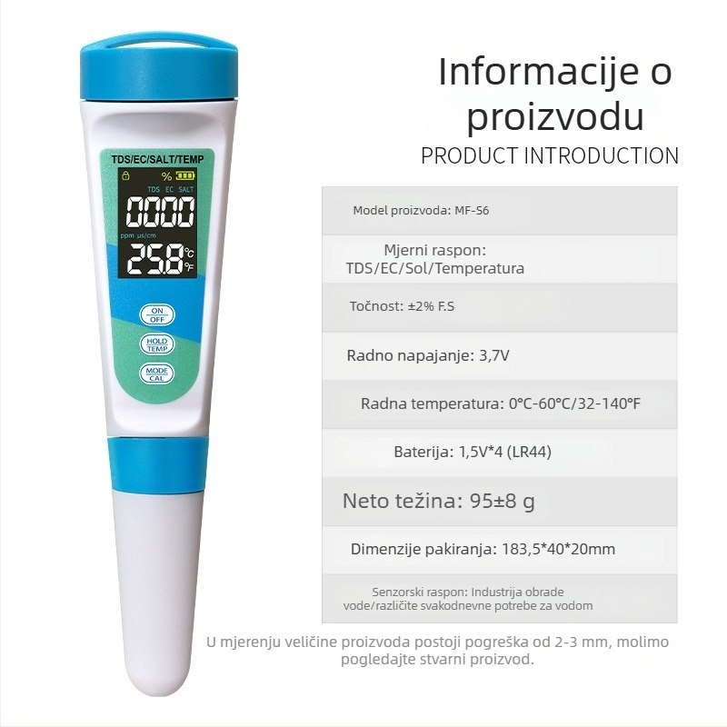 S6 Prijenosni analizator kvalitete vode | Mjerenje saliniteta | Rezolucija 1 ppm / 0,1 ppt | Točnost 2% F.S | Napajanje 6V