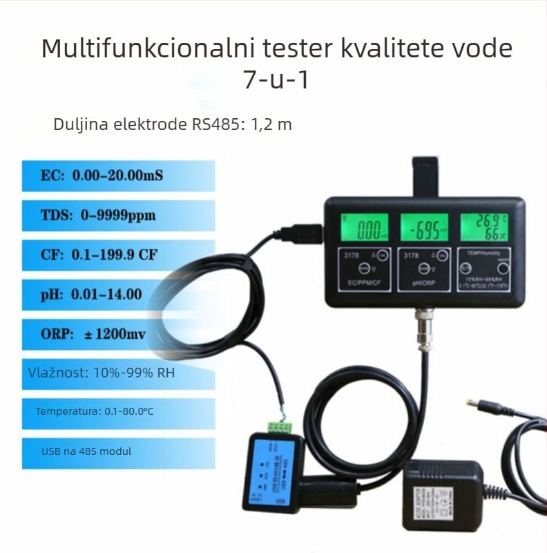 7-u-1 detektor kvalitete vode - višenamjenski online monitor s RS485, pH 0-14, točnost 0,01, ukupna tvrdoća, slanost