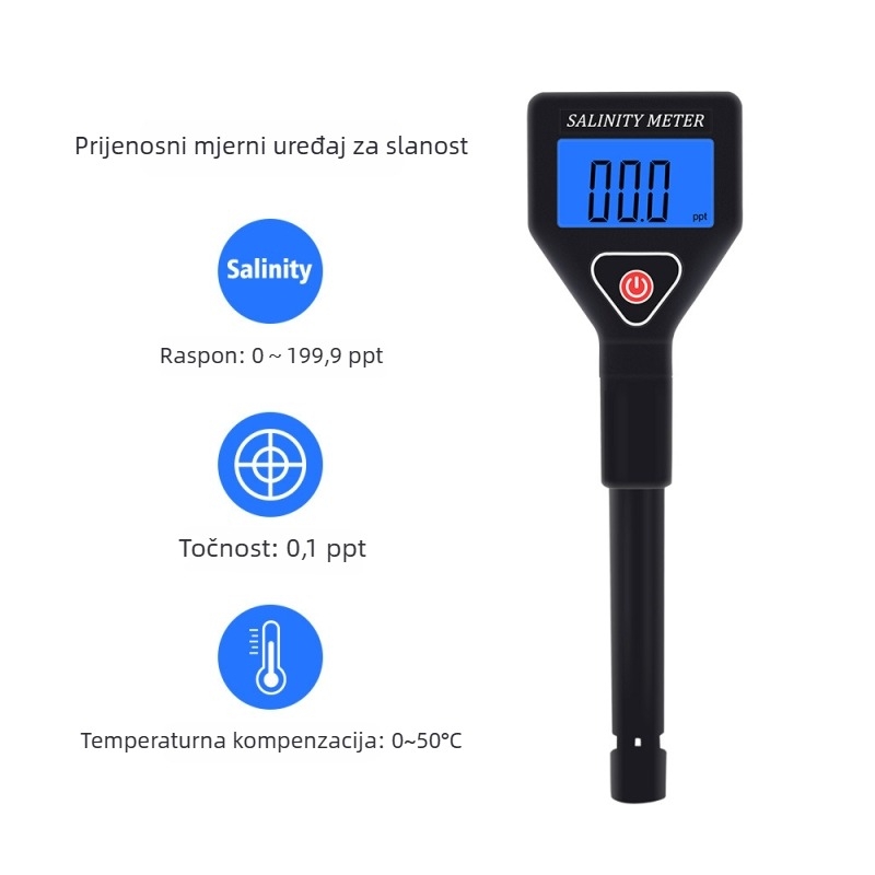 Prijenosni analizator kvalitete vode za salinitet morske vode — raspon mjerenja 0–199.9 ppt, rezolucija 0.1 ppt, točnost ±2% FS, napajanje 4×1.5V, model TPH02144
