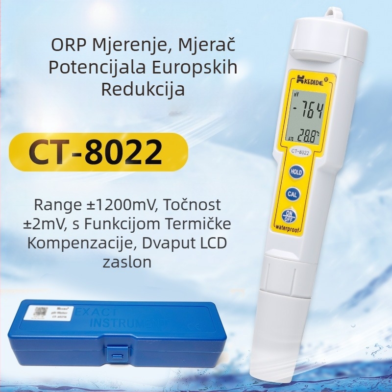 Prijenosni analizator kvalitete vode, ORP mjerač tipa olovka, model CT8022, raspon ±1200 mV, točnost ±2 mV, napajanje 6V