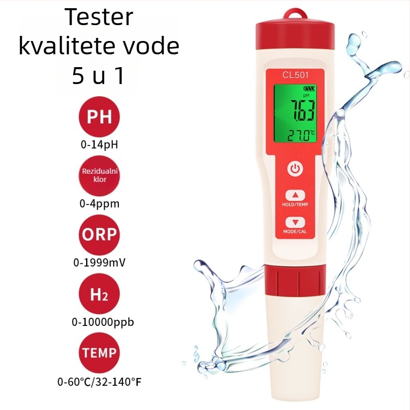 Prenosivi analitičar kvalitete vode CL501 — Pet u jednom: pH, rezidualni klor, vodik, ORP i temperatura; raspon pH 0–14; napajanje LR44×3