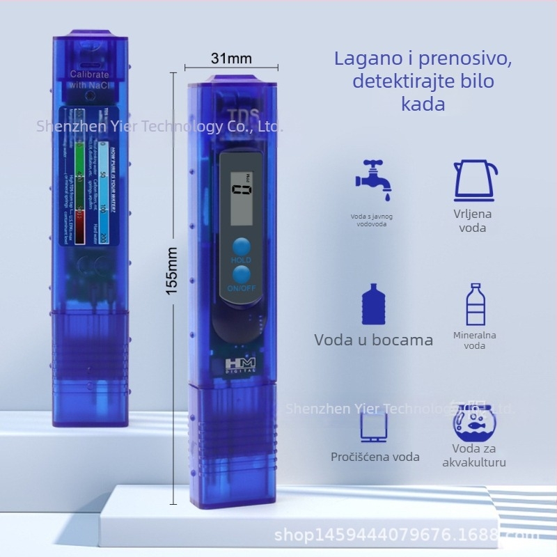 Prijenosni analizator kvalitete vode TDS-EZ za ukupnu tvrdoću — opseg mjerenja 0–9990 ppm, rezolucija 1 ppm, točnost 3%, napajanje 2×1,5 V
