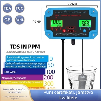 3-u-1 online analizator kvalitete vode za uzgoj riba: pH 0.00–14.00, ±0.1, PH121, salinometar, termometar, 220V