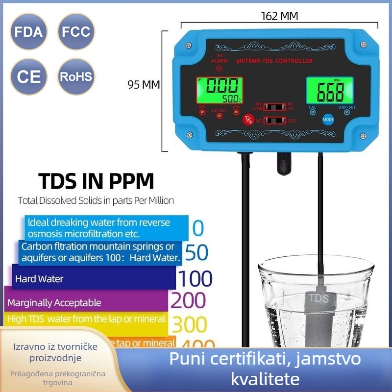 3-u-1 online analizator kvalitete vode za uzgoj riba: pH 0.00–14.00, ±0.1, PH121, salinometar, termometar, 220V