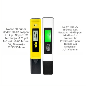 Prijenosni analizator kvalitete vode PH02 & TDS-A2 — pH 0-14; 1-9990 ppm; 0-9990 µS/cm; Razlučivost 0.01 pH / 1 ppm; Točnost 0.05 pH ±2%