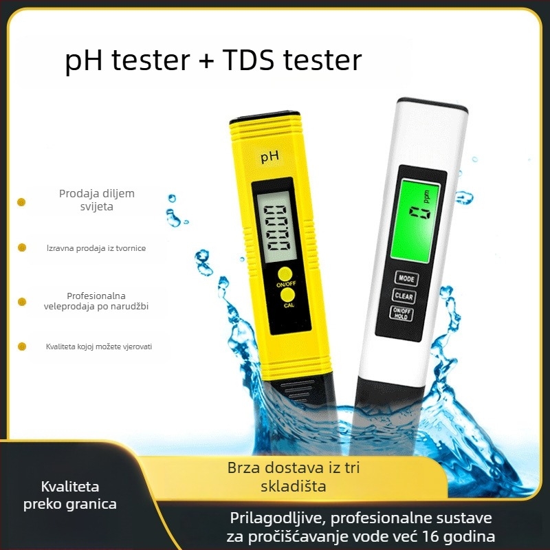 Prijenosni analizator kvalitete vode PH02 & TDS-A2 — pH 0-14; 1-9990 ppm; 0-9990 µS/cm; Razlučivost 0.01 pH / 1 ppm; Točnost 0.05 pH ±2%