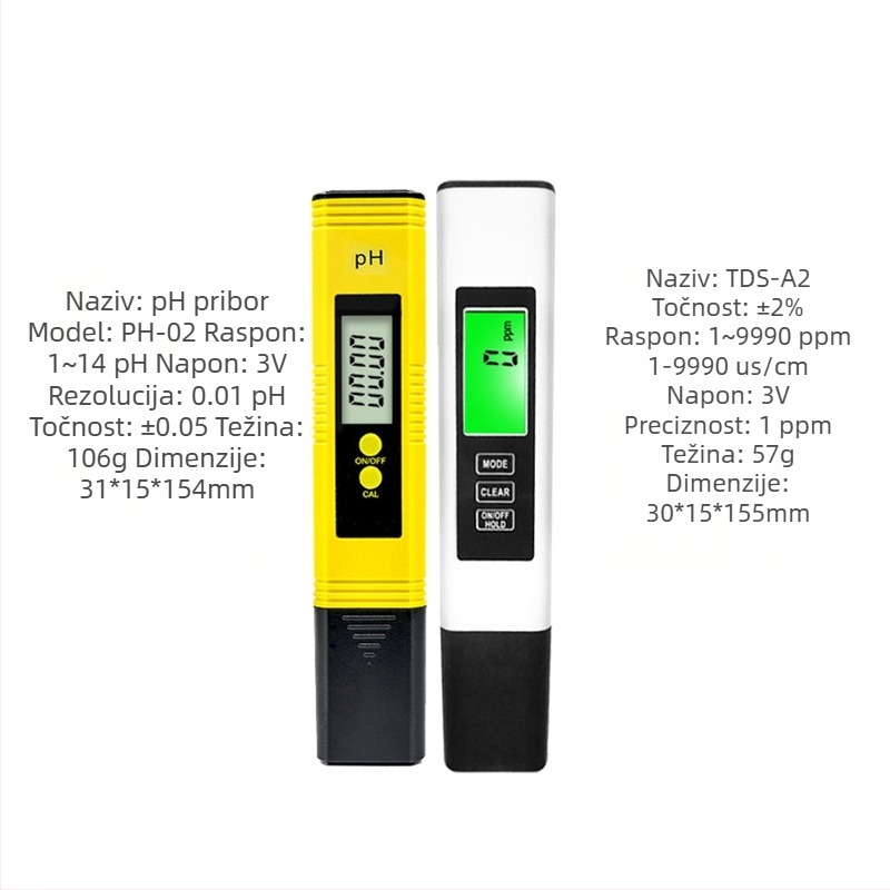 Prijenosni analizator kvalitete vode PH02 & TDS-A2 — pH 0-14; 1-9990 ppm; 0-9990 µS/cm; Razlučivost 0.01 pH / 1 ppm; Točnost 0.05 pH ±2%