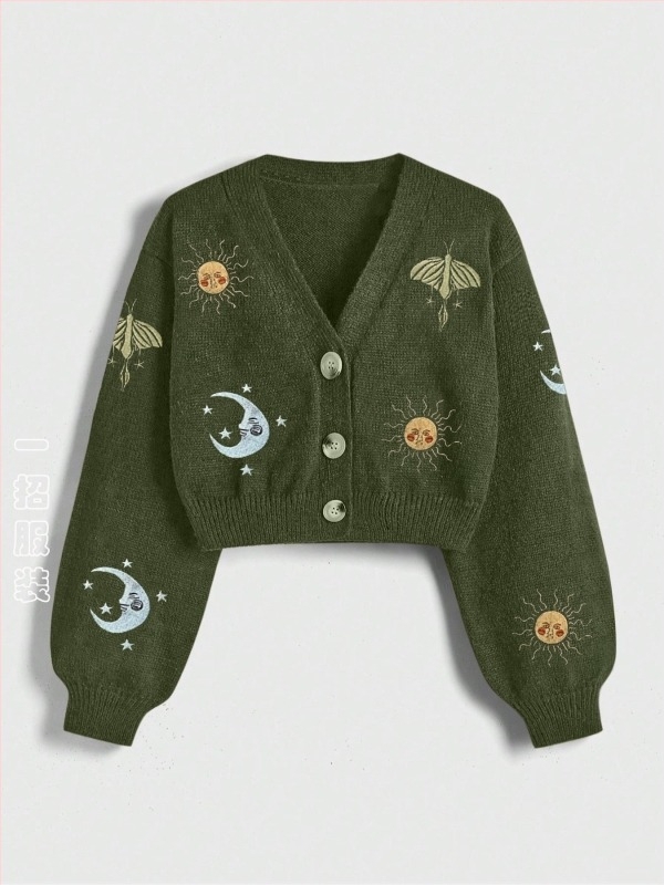 Cardigan s V izrezom, izšiven, kratak kroj, Arctic Velvet materijal, životinjski uzorak, retro stil