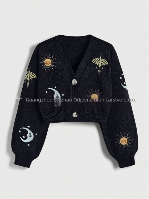 Cardigan s V izrezom, izšiven, kratak kroj, Arctic Velvet materijal, životinjski uzorak, retro stil