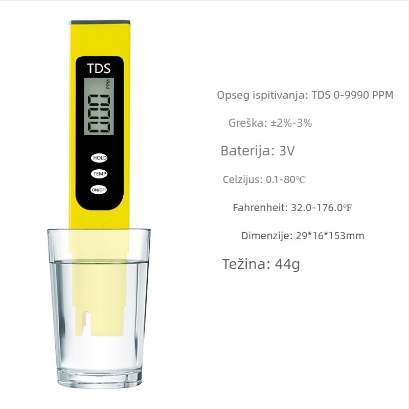 Prijenosni analizator kvalitete vode s velikim zaslonom, TDS tester za vodu iz česme, 0–9990 ppm, točnost ±2–3%, rezolucija 1 ppm, funkcija temperature