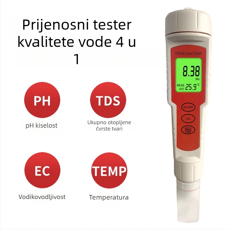EC-9908 Prijenosni analizator kvalitete vode: EC 0-9999, pH 0-14, TDS 0-9999; Točnost 0.01; Napajanje: 1.5V×4