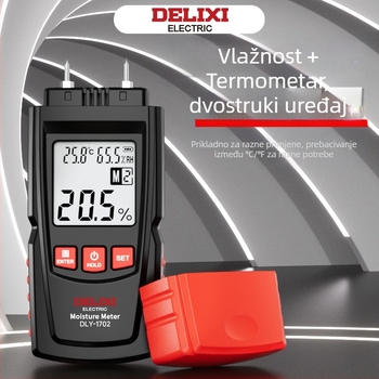 Delixi DLY-1702 Mjerač vlage drveta, raspon -10°C do 60°C, rezolucija 0.1°C, prilagodljiva obrada