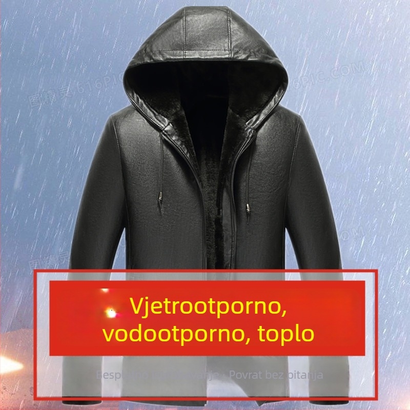 PU kožna jakna s kapuljom i flis podstavom za muškarce srednje dobi, zimi
