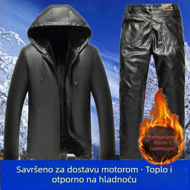 PU kožna jakna s kapuljom i flis podstavom za muškarce srednje dobi, zimi