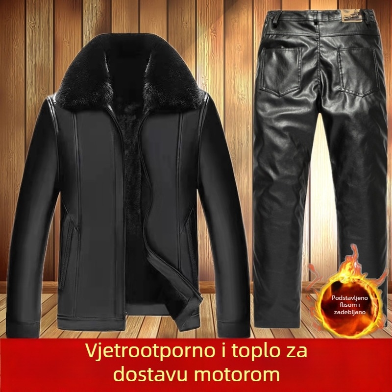 PU kožna jakna s kapuljom i flis podstavom za muškarce srednje dobi, zimi
