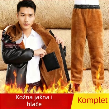 Beijiang Wolf muški set kožne jakne i hlača s vunenom podstavom, odvojiva kapuljača, zatvarač, ultra kratka duljina, zimska otpornost na vjetar