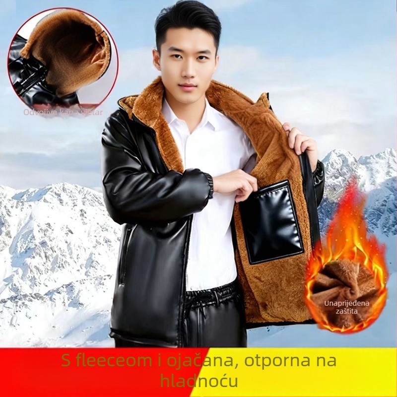 Beijiang Wolf muški set kožne jakne i hlača s vunenom podstavom, odvojiva kapuljača, zatvarač, ultra kratka duljina, zimska otpornost na vjetar