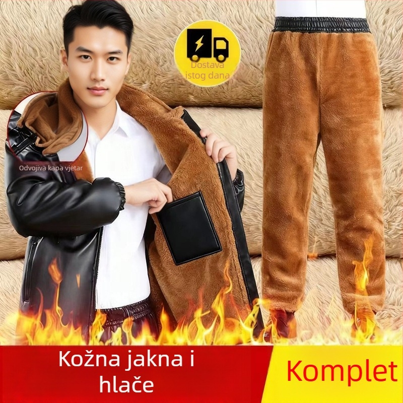 Beijiang Wolf muški set kožne jakne i hlača s vunenom podstavom, odvojiva kapuljača, zatvarač, ultra kratka duljina, zimska otpornost na vjetar