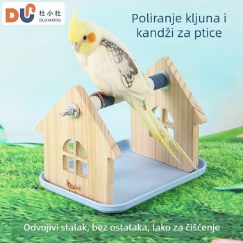 Drveni stalak za papagaje od borovine – stolni, pogodan za mala i srednja papagaja, lako se čisti posuda