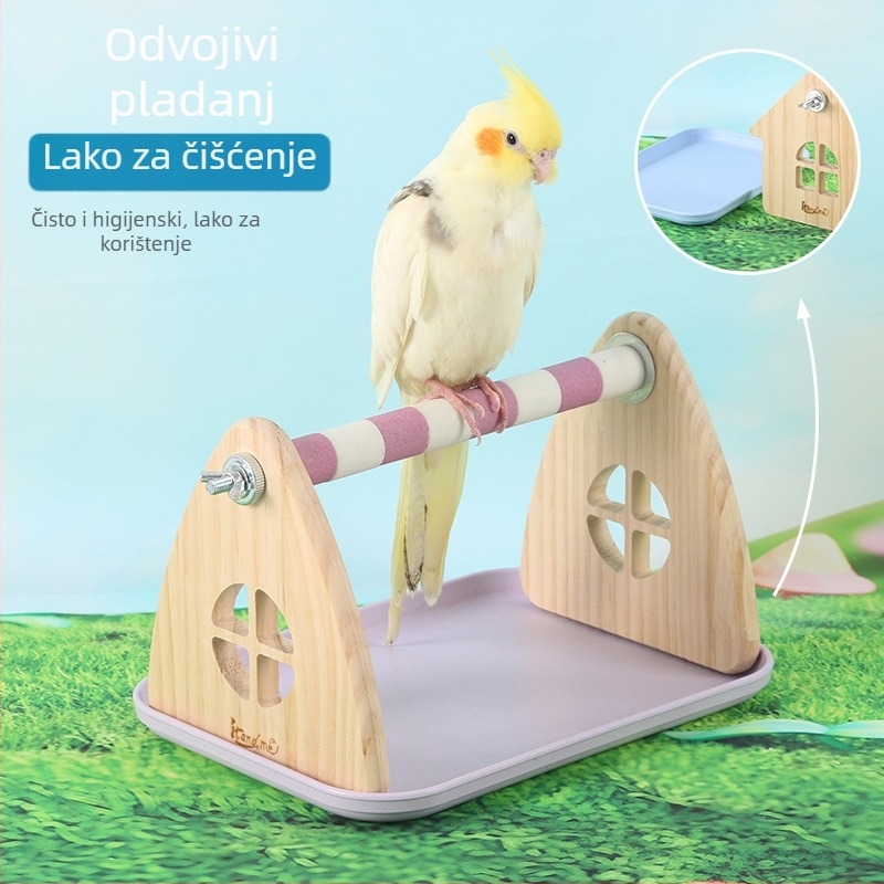 Drveni stalak za papagaje od borovine – stolni, pogodan za mala i srednja papagaja, lako se čisti posuda