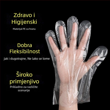 Jednokratne rukavice u kutiji, prehrambene kvalitete polietilen, debele, za kuhinju i catering (rok trajanja 12 mjeseci; jednostavni jednobojni uzorak; mogućnost tiska logotipa)