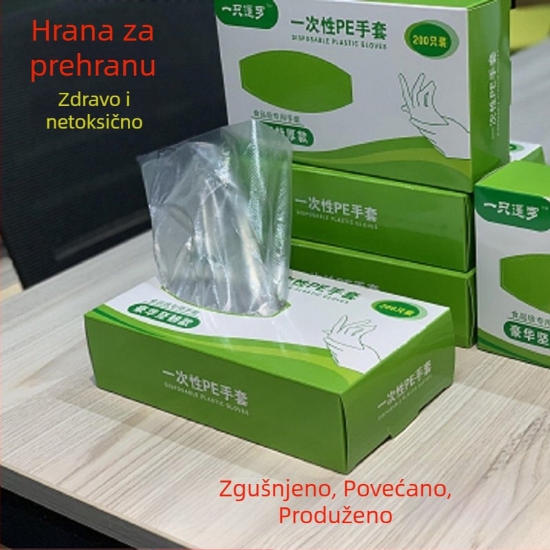 Jednokratne rukavice u kutiji, prehrambene kvalitete polietilen, debele, za kuhinju i catering (rok trajanja 12 mjeseci; jednostavni jednobojni uzorak; mogućnost tiska logotipa)