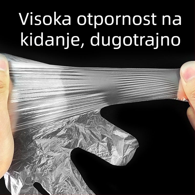 Jednokratne rukavice u kutiji, prehrambene kvalitete polietilen, debele, za kuhinju i catering (rok trajanja 12 mjeseci; jednostavni jednobojni uzorak; mogućnost tiska logotipa)
