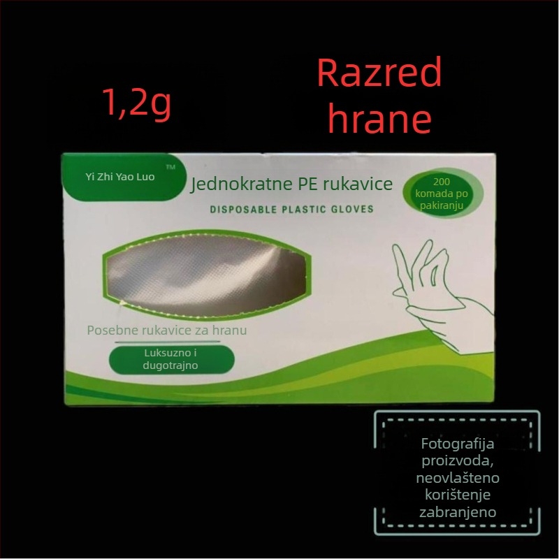 Jednokratne rukavice u kutiji, prehrambene kvalitete polietilen, debele, za kuhinju i catering (rok trajanja 12 mjeseci; jednostavni jednobojni uzorak; mogućnost tiska logotipa)