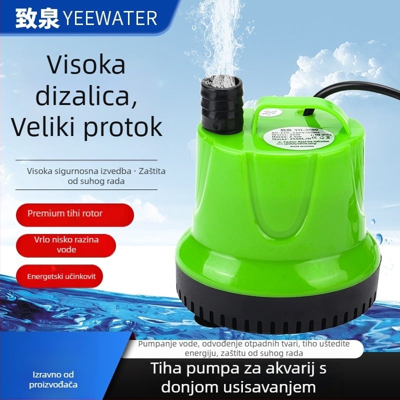 Podvodna pumpa za akvarij s dnom usisavanja – plastična, za oksigenaciju ribnjaka; ulazni promjer 8,5–13–20 mm; uspon do 4,5 m