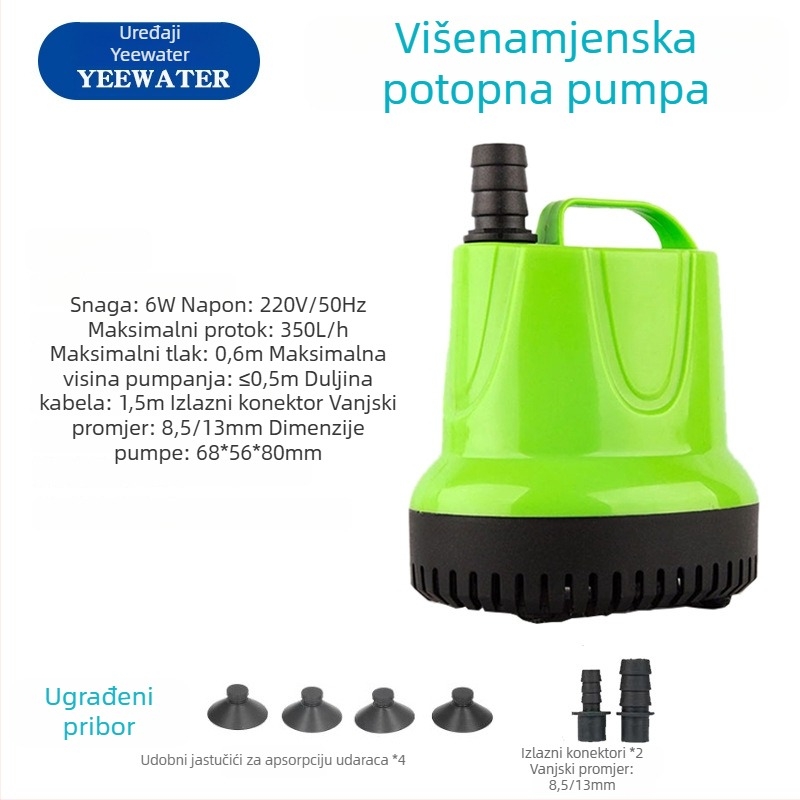 Podvodna pumpa za akvarij s dnom usisavanja – plastična, za oksigenaciju ribnjaka; ulazni promjer 8,5–13–20 mm; uspon do 4,5 m