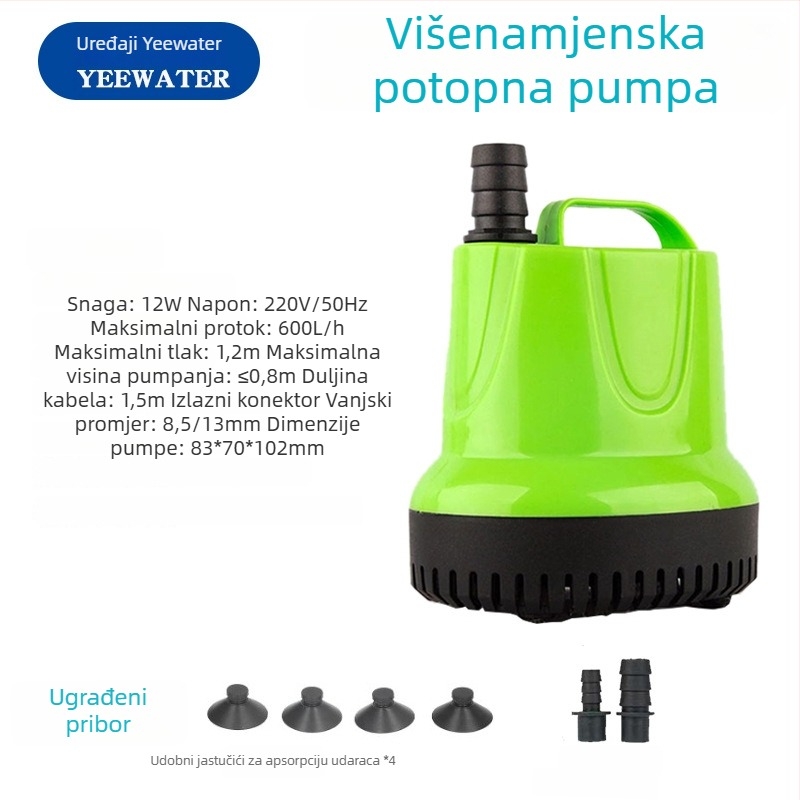 Podvodna pumpa za akvarij s dnom usisavanja – plastična, za oksigenaciju ribnjaka; ulazni promjer 8,5–13–20 mm; uspon do 4,5 m