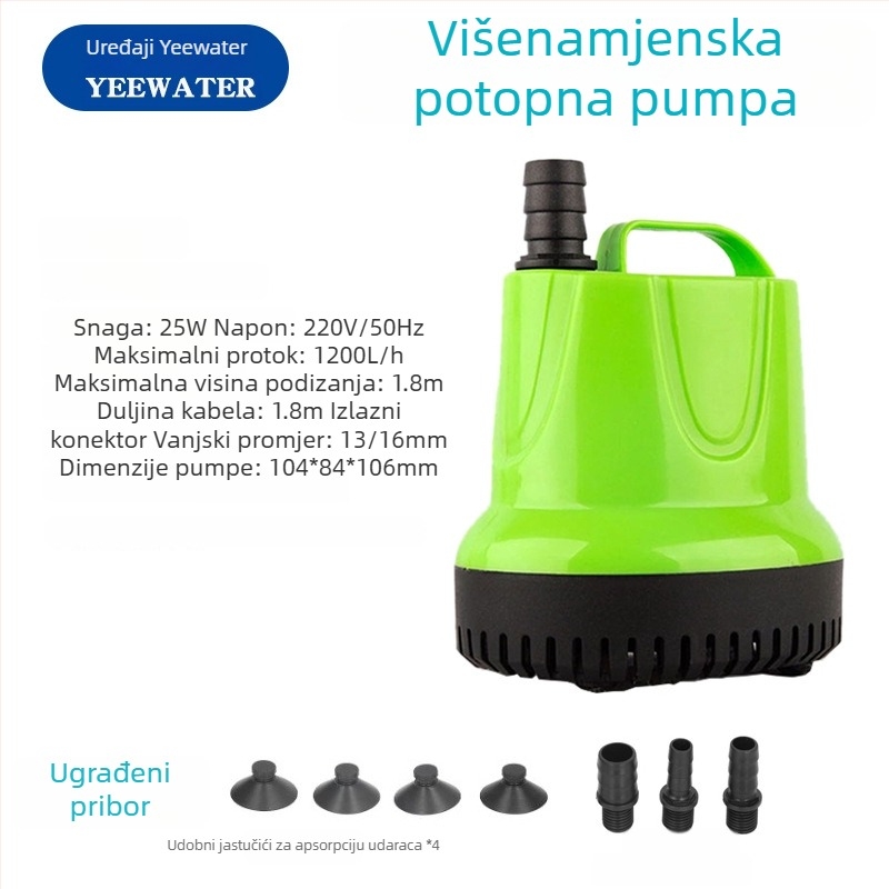 Podvodna pumpa za akvarij s dnom usisavanja – plastična, za oksigenaciju ribnjaka; ulazni promjer 8,5–13–20 mm; uspon do 4,5 m