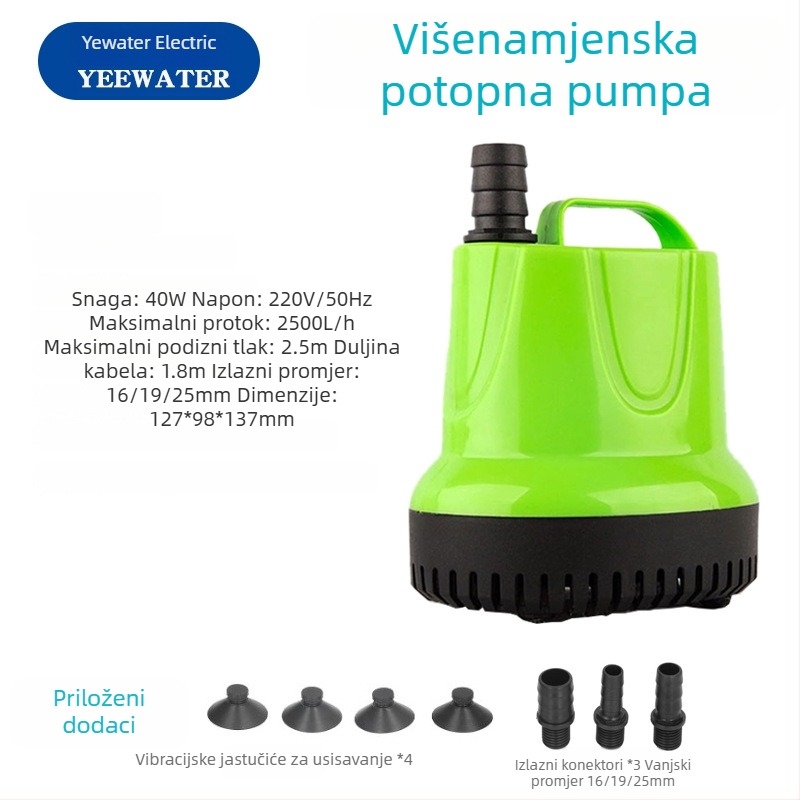 Podvodna pumpa za akvarij s dnom usisavanja – plastična, za oksigenaciju ribnjaka; ulazni promjer 8,5–13–20 mm; uspon do 4,5 m