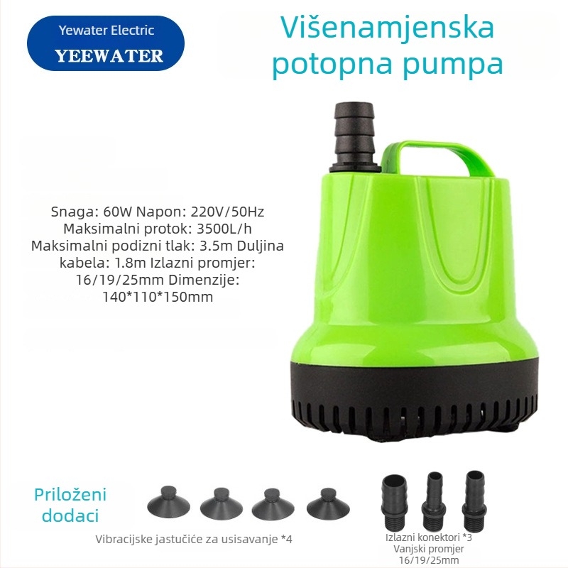Podvodna pumpa za akvarij s dnom usisavanja – plastična, za oksigenaciju ribnjaka; ulazni promjer 8,5–13–20 mm; uspon do 4,5 m