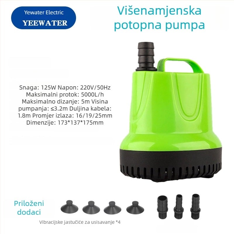Podvodna pumpa za akvarij s dnom usisavanja – plastična, za oksigenaciju ribnjaka; ulazni promjer 8,5–13–20 mm; uspon do 4,5 m