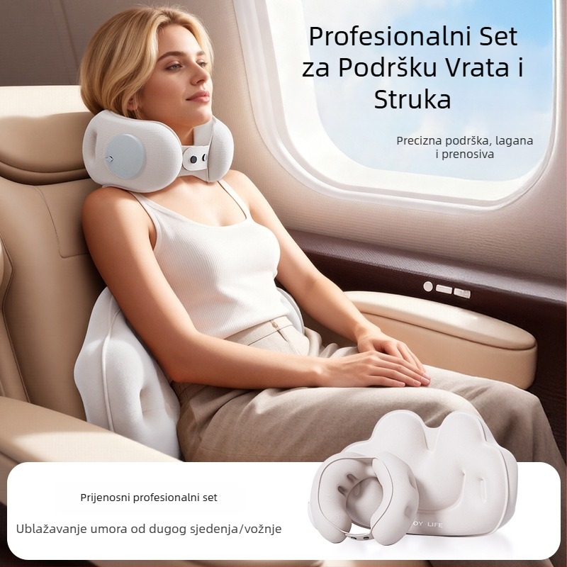 Cyan U-oblikovani putni jastuk od PVC-a, napuhivanje zrakom, crtani stil, pogodna za automobil, putovanja, kampiranje i zrakoplov