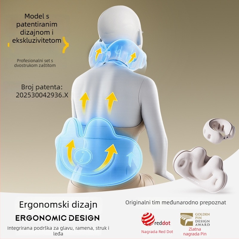 Cyan U-oblikovani putni jastuk od PVC-a, napuhivanje zrakom, crtani stil, pogodna za automobil, putovanja, kampiranje i zrakoplov